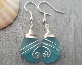 Hawaiian Jewelry Sea Glass Earrings, Top Wire Turquoise Earrings
