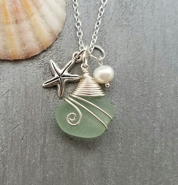 Hawaiian Jewelry Natural Sea Glass Necklace Wire Wrapped Necklace