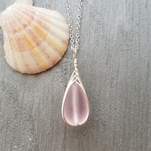 Hawaiian Jewelry Sea Glass Necklace, Braided Pink Necklace Teardrop Necklace, Sea Glass Jewelry Birthday Gift (October Birthstone Jewelry)
