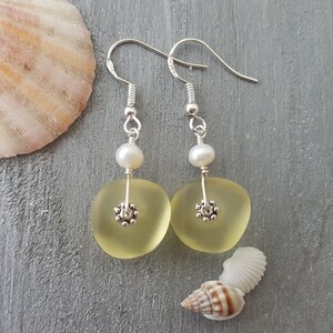 Hawaiian Jewelry Sea Glass Earrings, Light Weight Yellow Earrings, Pearl Beach Jewelry Sea Glass Jewelry Birthday Gift (November Birthstone)