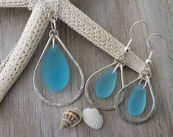 Hawaiian Jewelry Set, Hammered Wire Loop Necklace Earrings Jewelry Set, Turquoise Blue Jewelry Birthday Gift For Women (December Birthstone)