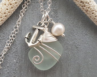 Handmade in Hawaii, Wire wrapped Genuine Hawaii surf tumbled natural sea glass necklace. Anchor charm, Fresh water pearl