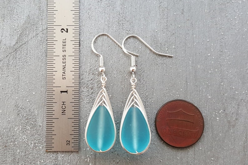 Hawaiian Jewelry Sea Glass Earrings, Braided Turquoise Earrings Blue Earrings Teardrop Earrings, Beach Jewelry December Birthstone Gift image 3