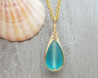 Hawaiian Jewelry Sea Glass Necklace, Gold Braided Turquoise Necklace Blue Necklace, Beach Jewelry Birthday Gift(December Birthstone Jewelry)