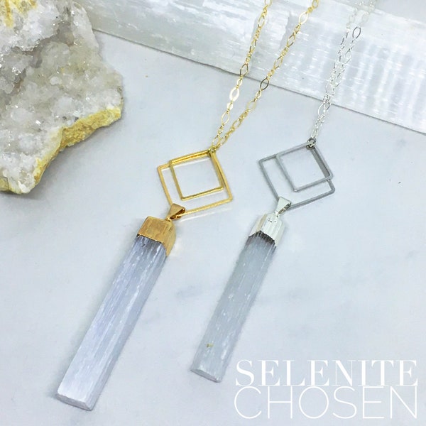 Ausgewählt - geometrische Edelstein Halskette aus Malachit, Apatit, Turmalin, Selenit, Kristall, Citrin, Amethyst, Labradorit, Rauchquarz
