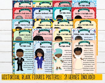 May include: A set of 21 colorful posters featuring historical Black figures. Each poster includes a portrait of a notable individual, their name, and a brief description of their accomplishments. The posters are designed with a bright, playful style and are perfect for educational purposes.