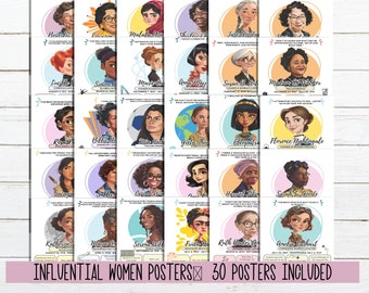 May include: A set of 30 colorful posters featuring illustrations of influential women throughout history. Each poster includes a quote from the woman featured and her name. The posters are designed in a modern style with a pink and white color scheme.