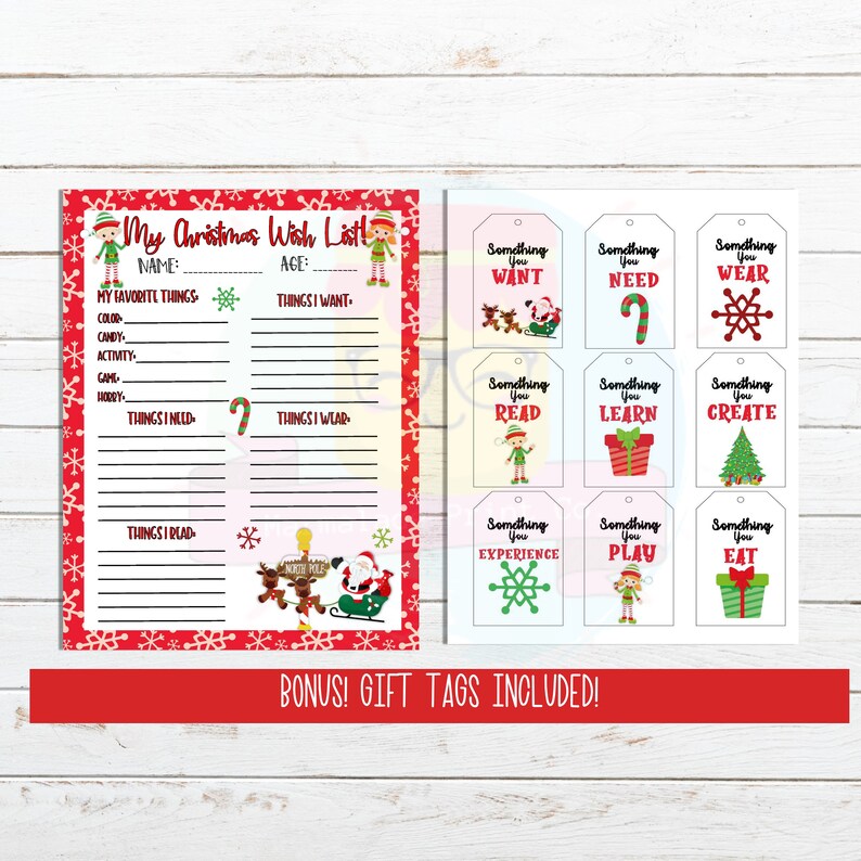 Pu&ograve; includere: Lista dei desideri di Natale stampabile con illustrazioni di elfi e un motivo a fiocco di neve rosso e bianco. La lista include sezioni per le cose preferite, le cose che voglio, le cose di cui ho bisogno, le cose che indosso e le cose che leggo. La stampabile include anche nove etichette regalo con illustrazioni di elfi e il testo "Something You Want", "Something You Need", "Something You Wear", "Something You Read", "Something You Learn", "Something You Create", "Something You Experience", "Something You Play", e "Something You Eat".