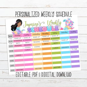 Horario de la escuela doméstica editable, tabla semanal de sirena imprimible, horario de los niños, lista de verificación diaria, plantilla de lista de tareas, planificador diario de la escuela en casa