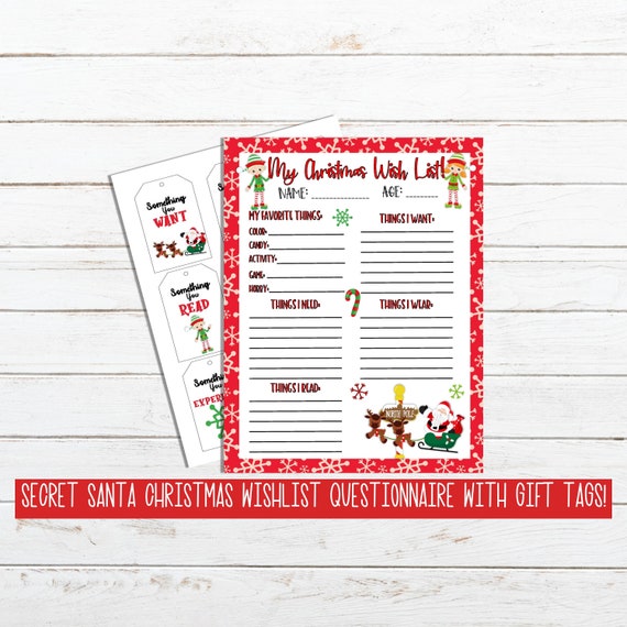 Christmas Wishlist Printable, Light Skin Secret Santa Printable, Secret Santa Questionnaire, Christmas Gift Planner, Wish Lists for Kids