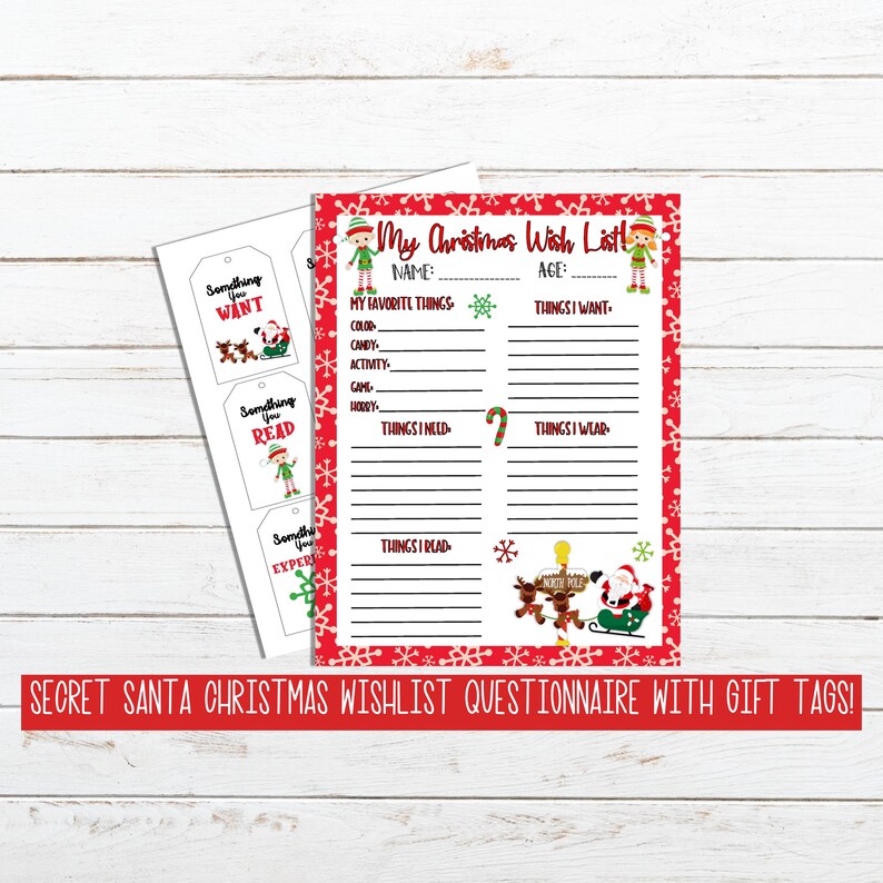 Pu&ograve; includere: Questionario di lista dei desideri di Natale stampabile con etichette regalo. Il questionario ha sezioni per le cose preferite, le cose desiderate, le cose necessarie, le cose indossate e le cose lette. Le etichette regalo hanno le parole "Something You Want", "Something You Read" e "Something You Experience".