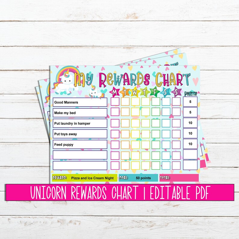 editable unicorn reward chart with tokens printable unicorn etsy