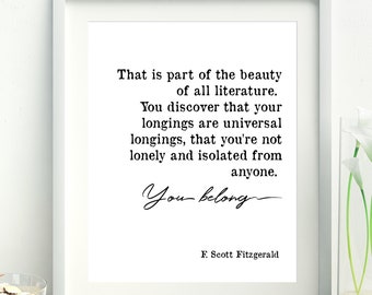 F. Scott Fitzgerald quote, Book lover gift, F. Scott Fitzgerald printable, Literary print, Literary quote, beauty of literature, dorm decor