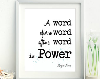 Writer gifts, teacher gifts, writing quote, a word after a word is power, gifts for writers, margaret atwood quote, office decor, classroom