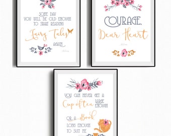 CS Lewis quotes - set of 3 printables, tea printable, book long enough, courage dear heart, read fairy tales again, book lover gift, 8x10