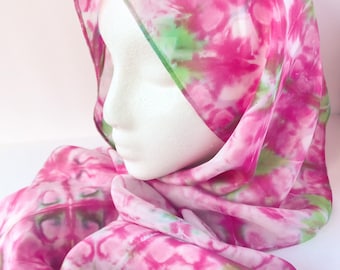 Hand Dyed Pink and White Silk Scarf , Abstract Floral Scarf, Gift for Her