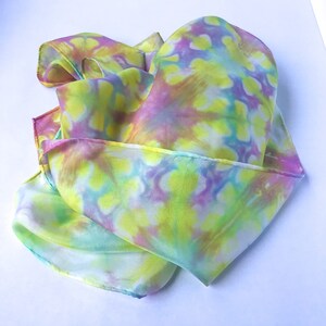 Rainbow silk scarf, Colorful shibori dyed scarf, Lightweight easycare silk scarf