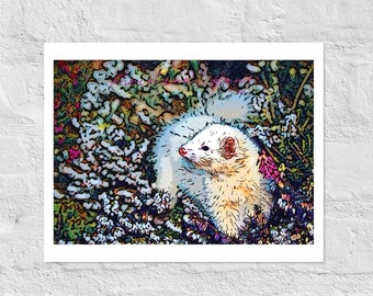 Bed of Roses - Ferret Art - Pop Art - Digital Art Print - Cute Ferret Print