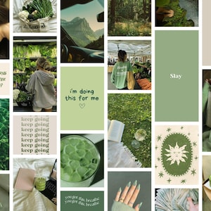 Könnte beinhalten: Eine Collage von Bildern in Grün- und Beigetönen. Die Bilder zeigen eine Person mit Gesichtsmaske, eine Frau beim Einkaufen, eine Berglandschaft und Text mit den Worten "Slay", "Kleine Schritte jeden Tag" und "Ich mache das für mich".