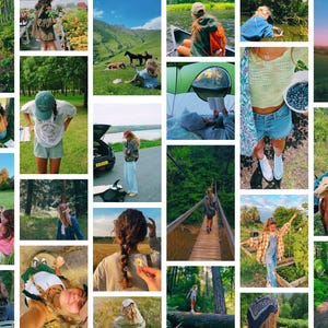 May include: A collage of various outdoor scenes featuring individuals in natural settings, including forests, fields, and bodies of water. The images depict activities like hiking, horseback riding, canoeing, and gardening, showcasing a variety of casual clothing.