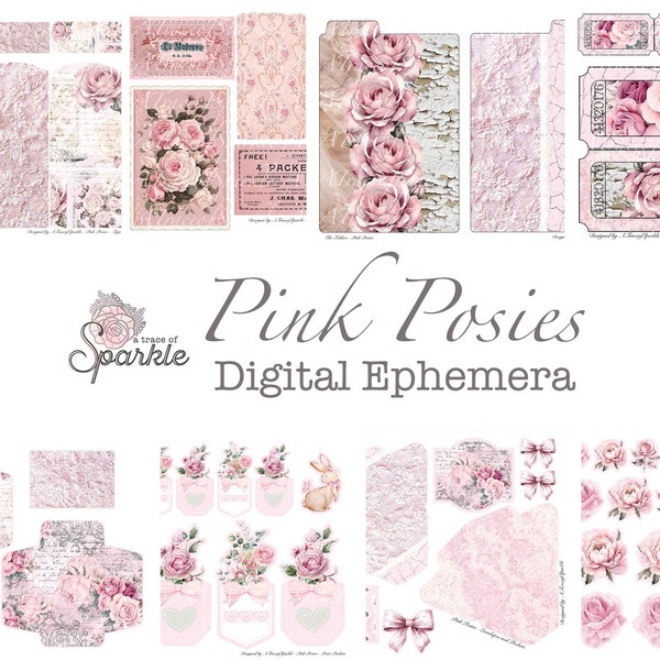 Pink Posies Ephemera Digital / Printable Journal Cutout Flower Spring Floral