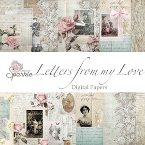 Letters From My Love Digitaal papier / Afdrukbaar dagboek Franse schriftletters Kanten bloemenbonnen