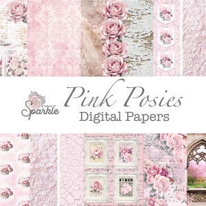 May include: A digital paper pack with a pink and white colour scheme featuring roses, floral patterns, and a vintage aesthetic. The pack is titled "Pink Posies Digital Papers" and includes a logo for "A Trace of Sparkle".