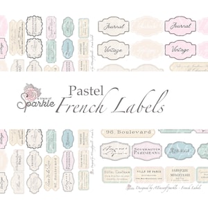 Pastellfarbene französische Etiketten, digitale Papiere / druckbar