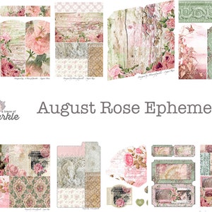 May include: A digital collage sheet featuring images of roses, floral patterns, and vintage-inspired designs. The sheet is titled "August Rose Ephemera" and is designed by "A Trace of Sparkle".