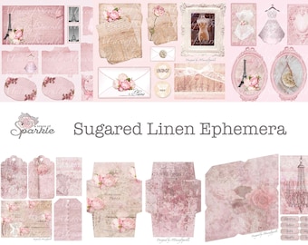 May include: A collection of digital scrapbook paper featuring a pink and white colour scheme with floral and Parisian-themed designs. The paper includes various textures, patterns, and images, such as roses, Eiffel Towers, and vintage envelopes. The text "Sugard Linen Ephemera" is displayed at the top of the image.
