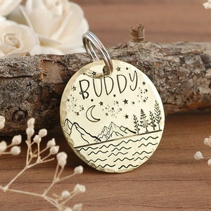 Mountains and lake - Pet ID Tag - 1-1/8&quot; or 1.25&quot; Hand Stamped - Dog - Cat - Copper, Brass, Aluminum