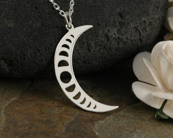 Sterling Silver Moon Phases Necklace Crescent Moon Shape Etsy