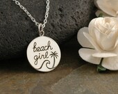 Beach Girl necklace, Sterling Silver, Circle Charm, Beach Life, Ocean, Sun, Waves