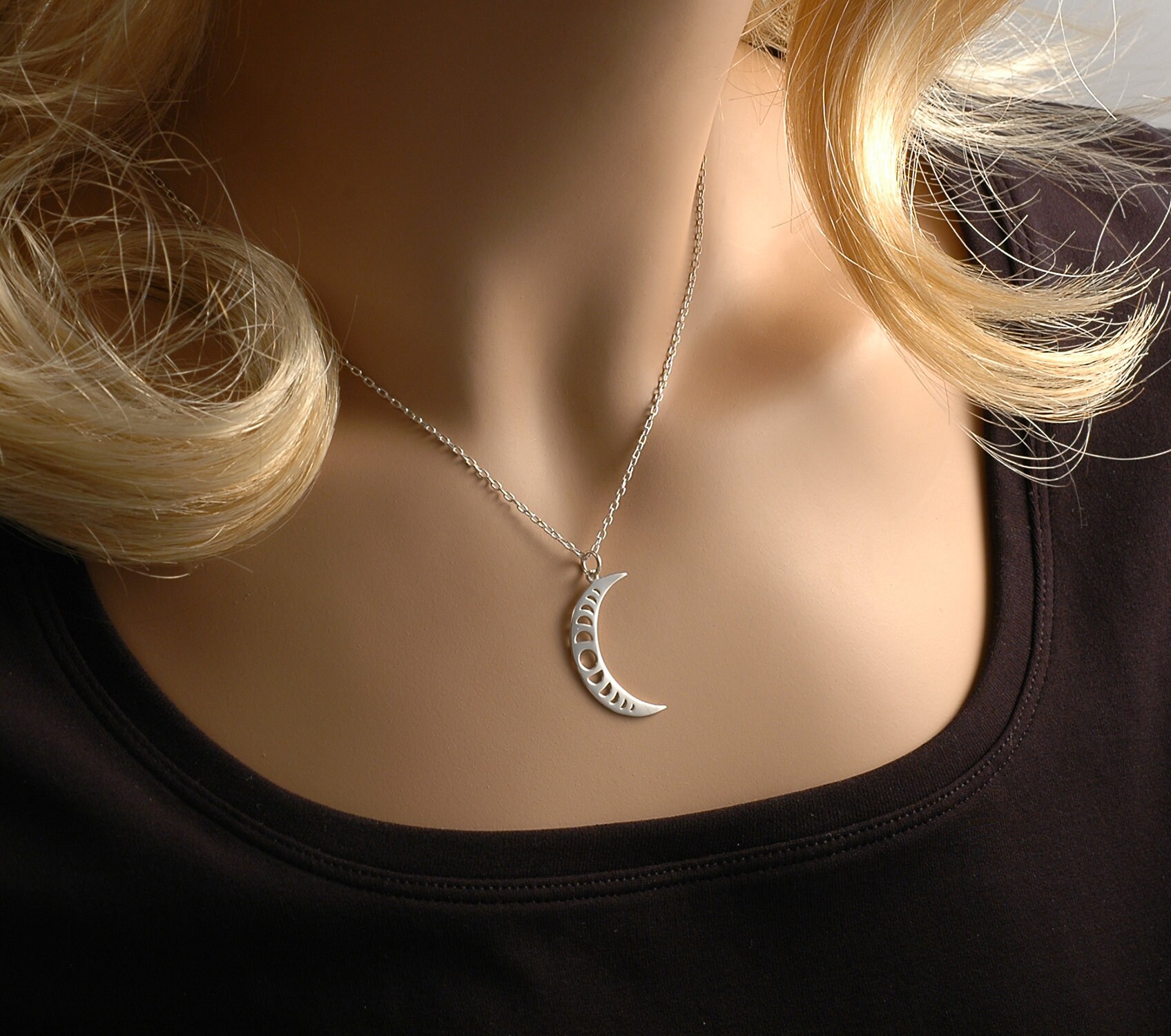 Sterling Silver Moon Phases necklace Crescent Moon shape Etsy