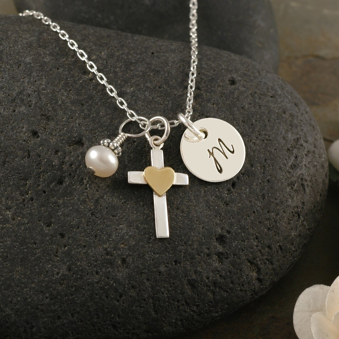 Sterling Silver Cross With Heart Necklace Faith First Etsy