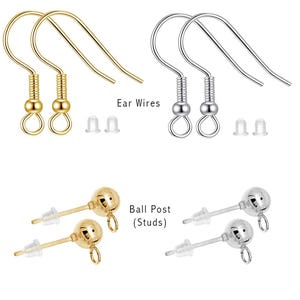 May include: An assortment of earring components, including gold and silver-colored ear wires, ball post studs, and clear earring backs. The image is set against a white background, showcasing the various jewelry-making supplies.