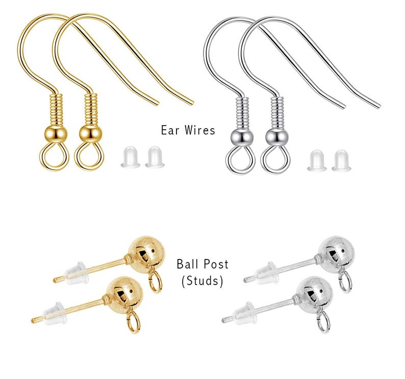 May include: An assortment of earring components, including gold and silver-colored ear wires, ball post studs, and clear earring backs. The image is set against a white background, showcasing the various jewelry-making supplies.