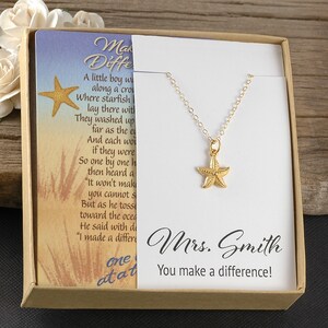 Teacher Gift, starfish necklace, Making a Difference, personalized name of teacher, poem card, boxed gift ready to give, gold starfish