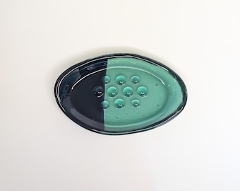Handmade Fused Glass Soap Dish | Organic Navy Teal Color Block Bathroom Decor