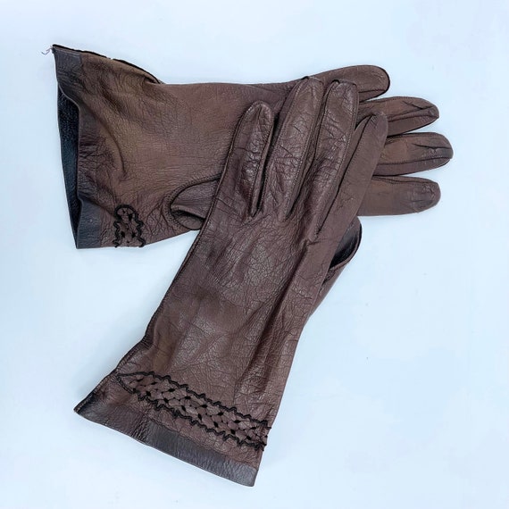 Wrist Length Brown Kid Leather Gloves Vintage FRE… - image 2