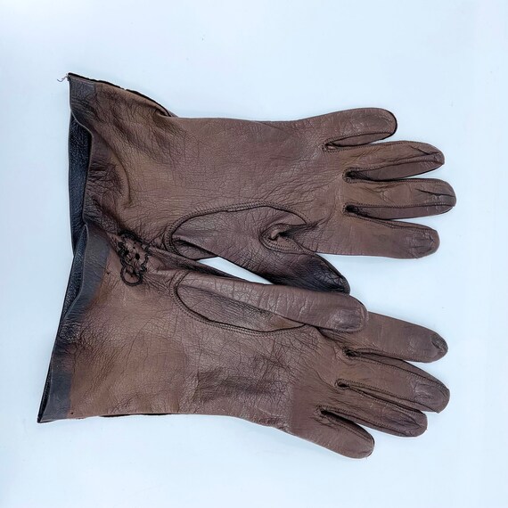 Wrist Length Brown Kid Leather Gloves Vintage FRE… - image 1