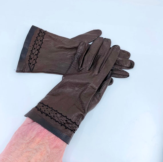 Wrist Length Brown Kid Leather Gloves Vintage FRE… - image 7