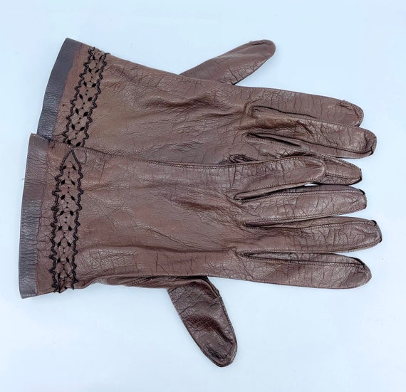 Wrist Length Brown Kid Leather Gloves Vintage FRE… - image 6