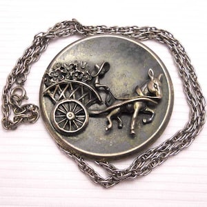 Silver Tone Donkey Flower Cart Brooch Pin Pendant Vintage Necklace FREE SHIPPING