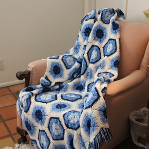 Vintage - Hand Crocheted / Handmade - Granny Hexagon - Blanket / Throw - Blue Blues and White w/ Fringe - 60 x 74" - Good to VG Cond
