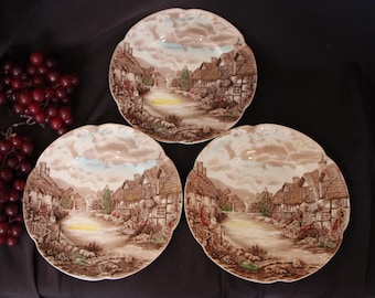 1974 - 1983 Vintage - Johnson Brothers - OLDE ENGLISH COUNTRYSIDE - Set of Three ( 3 ) Dinner Plates - 10"