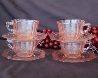 1979 - 2000 Vintage - Indiana Glass RECOLLECTION PINK - Set of Four ( 4 ) Tea Cups and Saucers