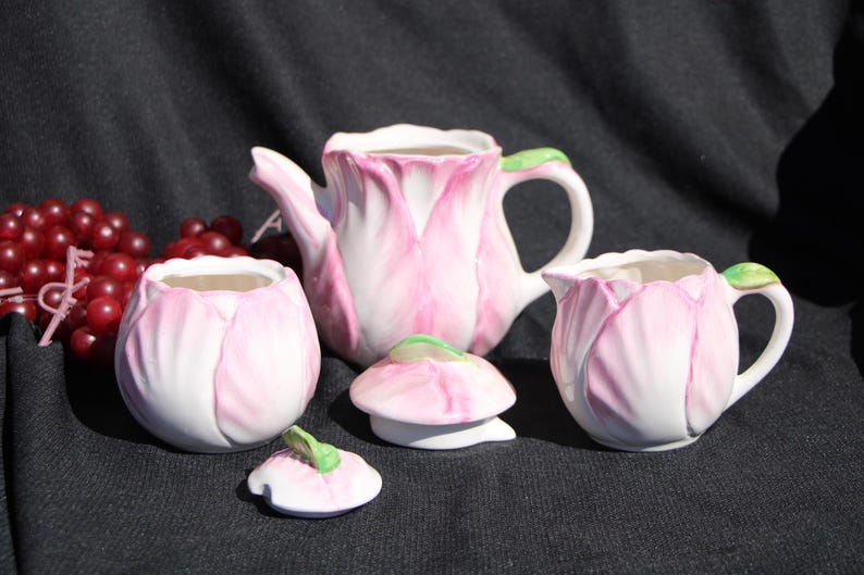 1992 Vintage - Bombay Company Pink Cabbage Leaf Tea Set - Teapot ...