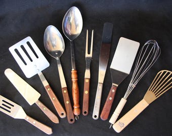 1960's to 1980's Vintage Wooden Handle Brass Rivets Stainless Steel CHOICE Assorted Cooking Utensils