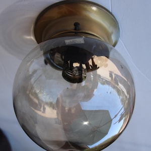 60's 70's Vintage - Smoked Glass Globe w/ Brushed Brass Flush Mount Fixture, MCM Ceiling Lamp or Wall Sconce, Mid Mod Lighting - WORKS